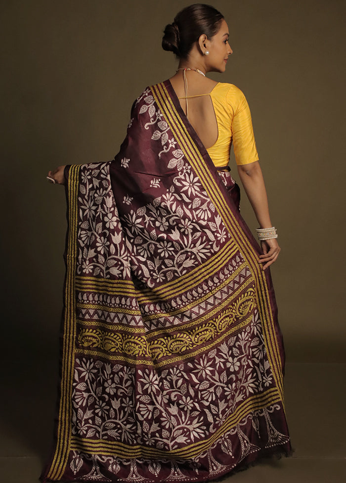 Purple Kantha Stitch Silk Saree With Blouse Piece