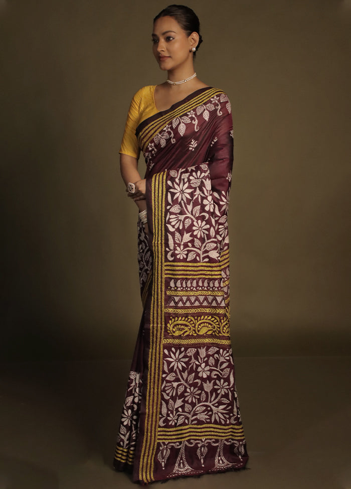 Purple Kantha Stitch Silk Saree With Blouse Piece