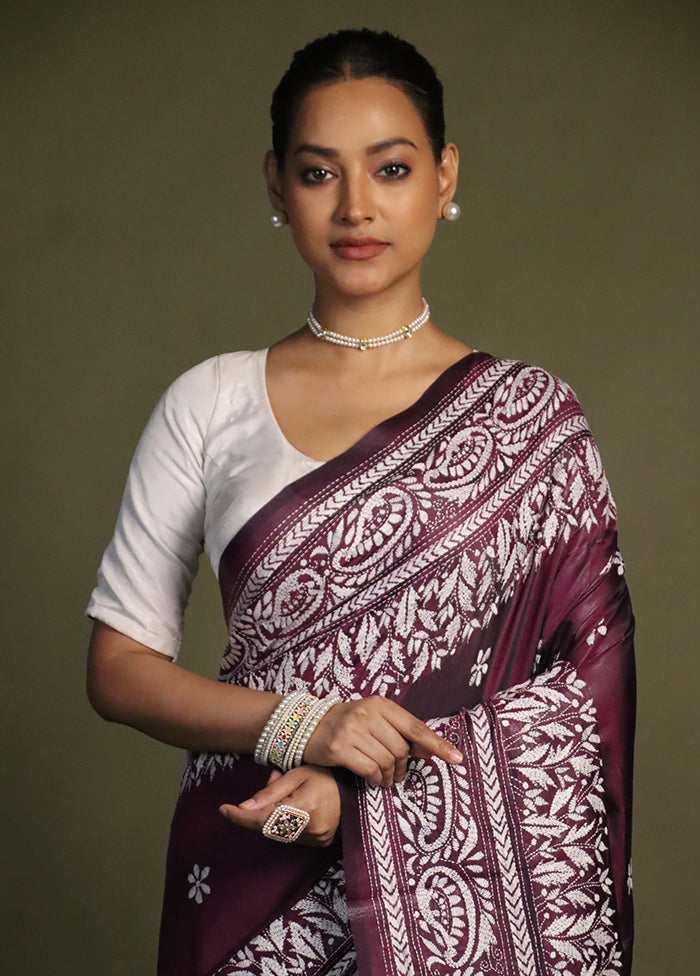 Purple Kantha Stitch Silk Saree With Blouse Piece