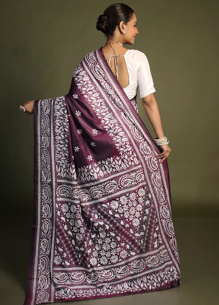 Purple Kantha Stitch Silk Saree With Blouse Piece