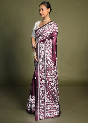 Purple Kantha Stitch Silk Saree With Blouse Piece