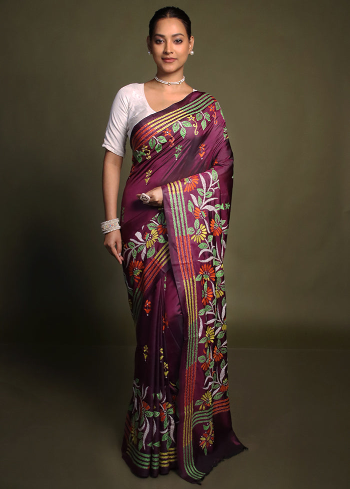 Purple Kantha Stitch Silk Saree With Blouse Piece