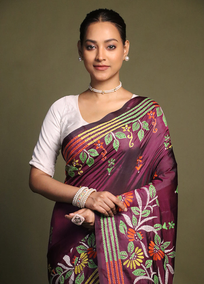 Purple Kantha Stitch Silk Saree With Blouse Piece