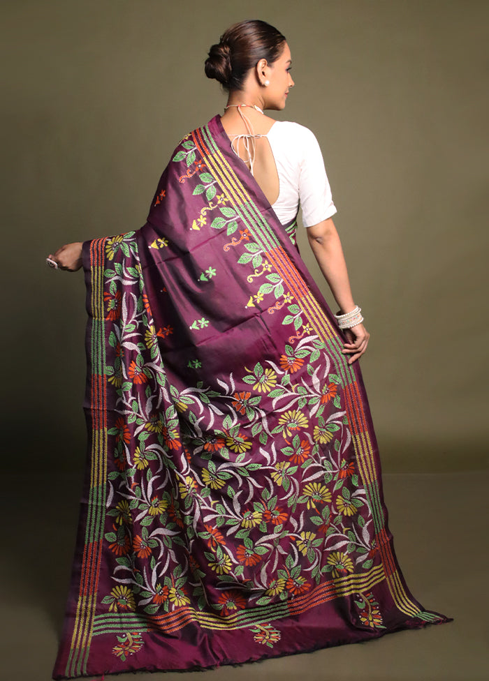 Purple Kantha Stitch Silk Saree With Blouse Piece