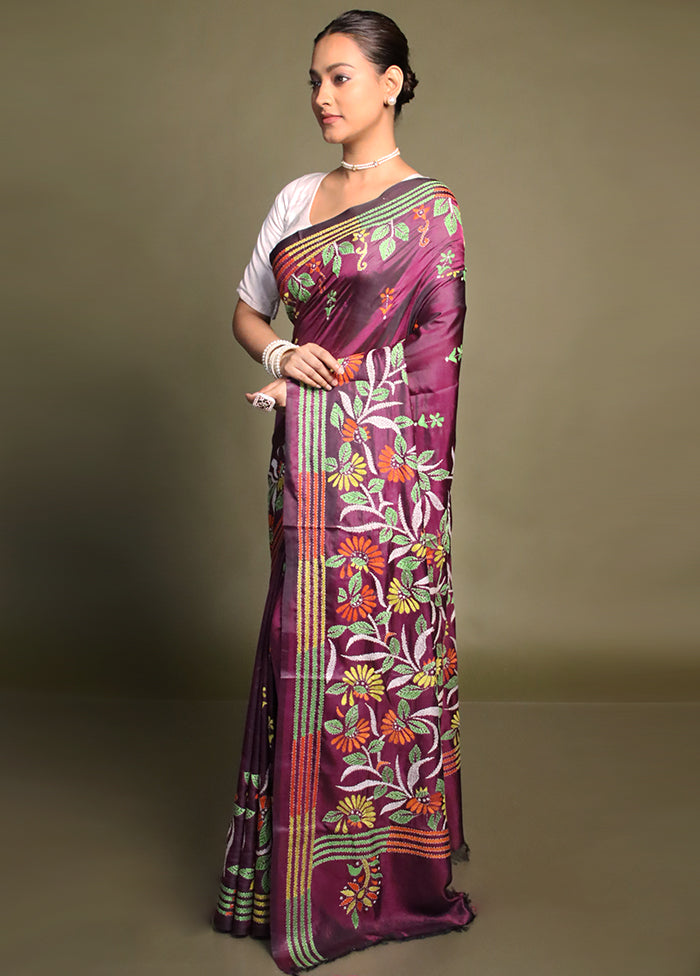 Purple Kantha Stitch Silk Saree With Blouse Piece