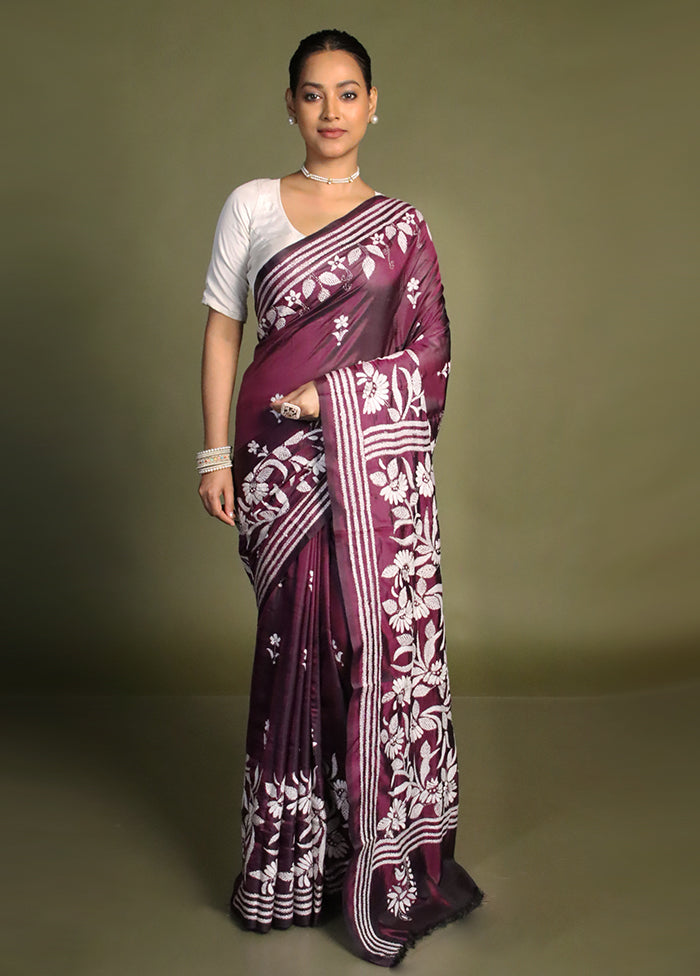 Purple Kantha Stitch Silk Saree With Blouse Piece