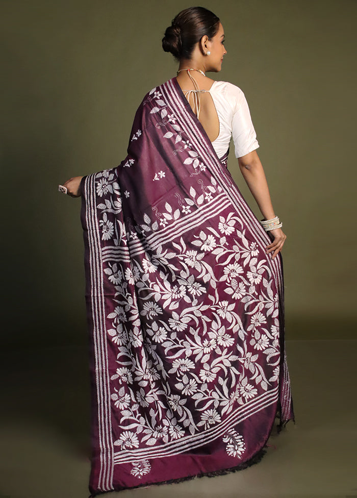 Purple Kantha Stitch Silk Saree With Blouse Piece
