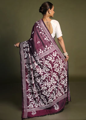 Purple Kantha Stitch Silk Saree With Blouse Piece