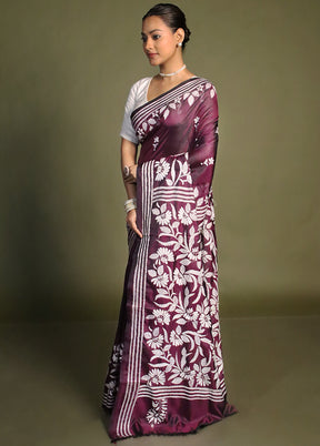 Purple Kantha Stitch Silk Saree With Blouse Piece
