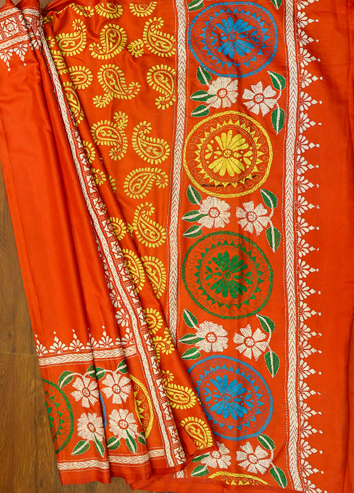 Orange Kantha Stitch Silk Saree With Blouse Piece