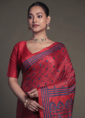 Red Kantha Stitch Silk Saree With Blouse Piece