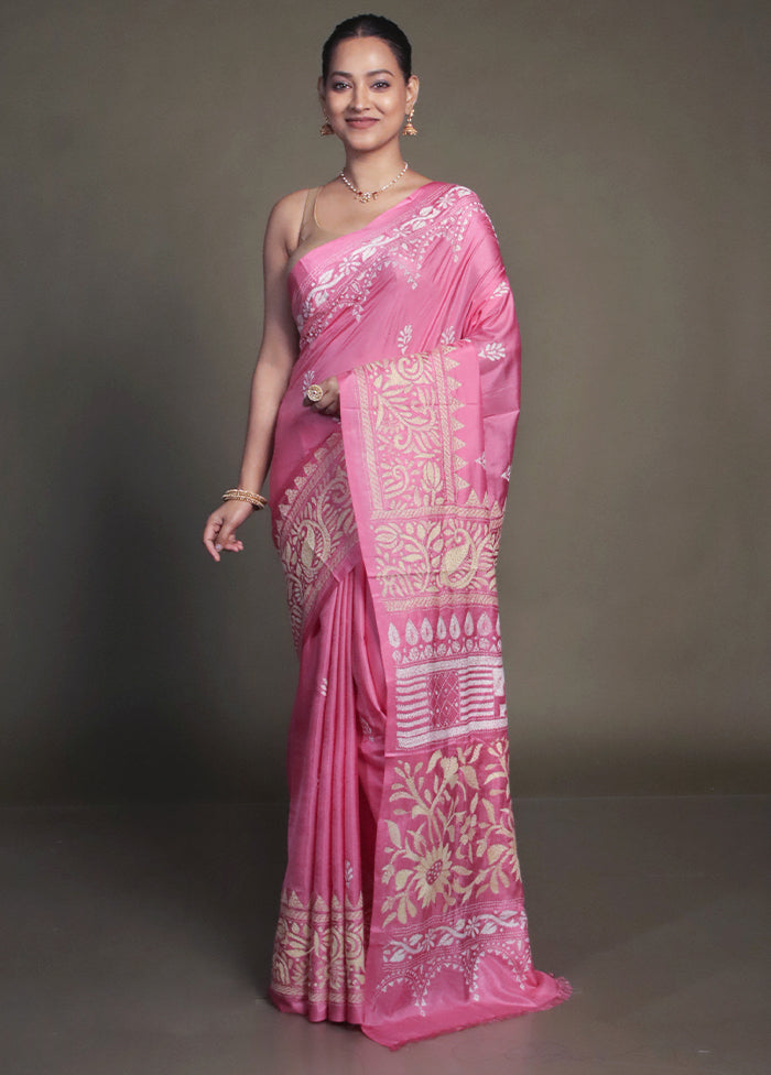 Pink Kantha Stitch Silk Saree With Blouse Piece
