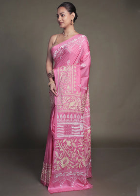 Pink Kantha Stitch Silk Saree With Blouse Piece