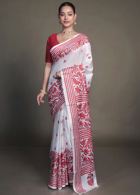 White Kantha Stitch Silk Saree With Blouse Piece