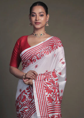 White Kantha Stitch Silk Saree With Blouse Piece