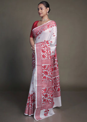 White Kantha Stitch Silk Saree With Blouse Piece