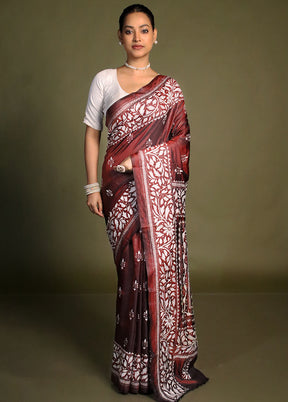 Maroon Kantha Stitch Silk Saree With Blouse Piece
