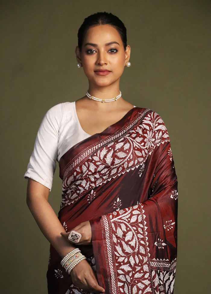 Maroon Kantha Stitch Silk Saree With Blouse Piece