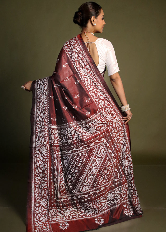 Maroon Kantha Stitch Silk Saree With Blouse Piece
