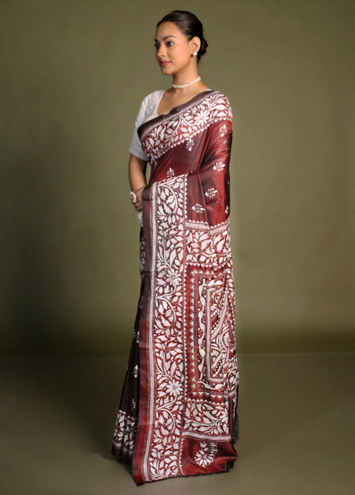 Maroon Kantha Stitch Silk Saree With Blouse Piece