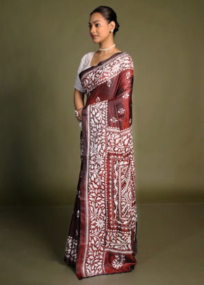 Maroon Kantha Stitch Silk Saree With Blouse Piece