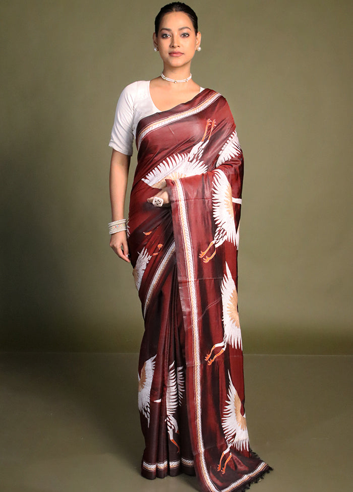 Maroon Kantha Stitch Silk Saree With Blouse Piece