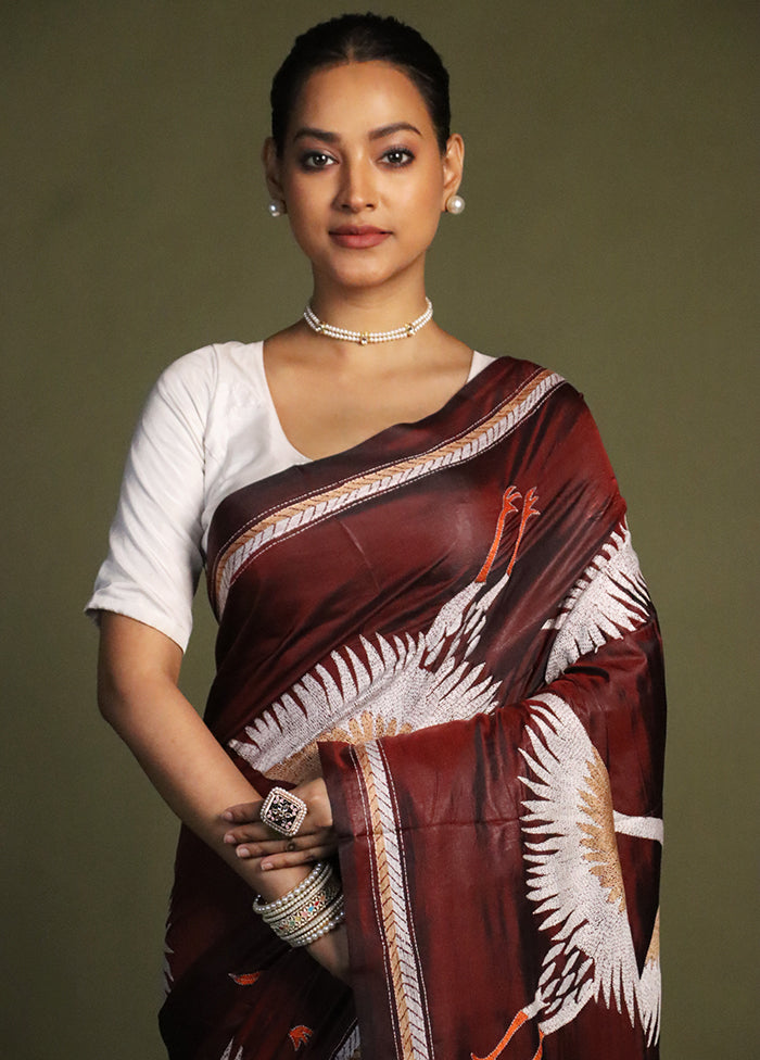 Maroon Kantha Stitch Silk Saree With Blouse Piece