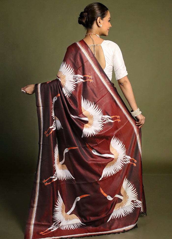 Maroon Kantha Stitch Silk Saree With Blouse Piece