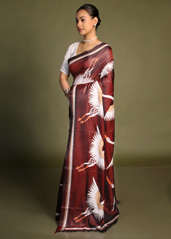 Maroon Kantha Stitch Silk Saree With Blouse Piece
