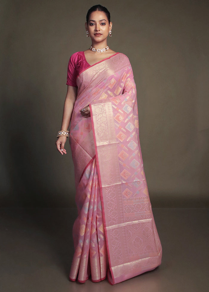 Pink Kora Silk Saree With Blouse Piece
