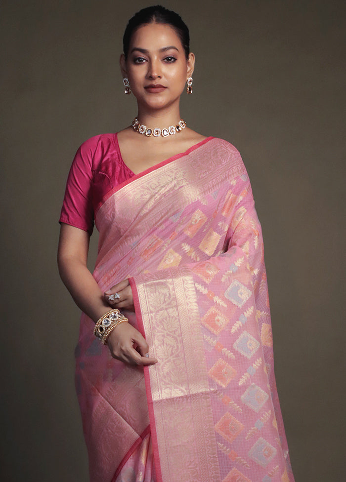 Pink Kora Silk Saree With Blouse Piece