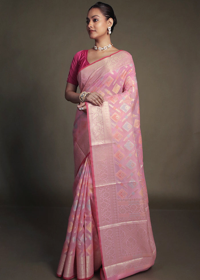Pink Kora Silk Saree With Blouse Piece