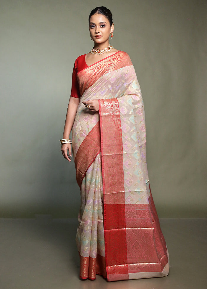 Cream Kora Silk Saree With Blouse Piece