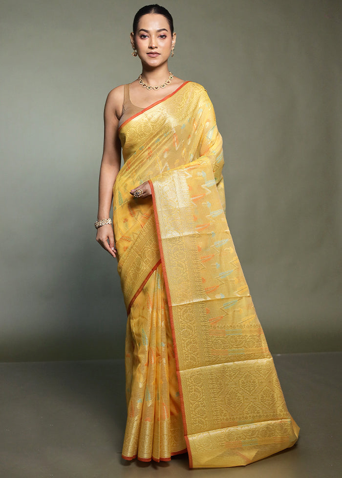 Yellow Kora Silk Saree With Blouse Piece