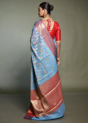 Blue Kora Silk Saree With Blouse Piece