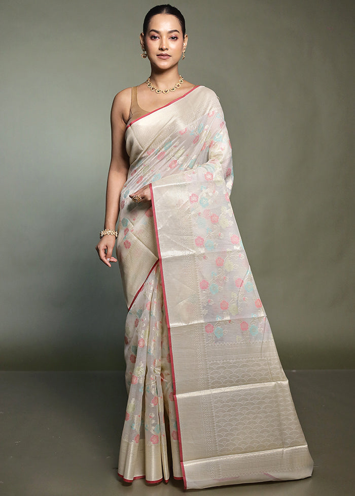 Cream Kora Silk Saree With Blouse Piece