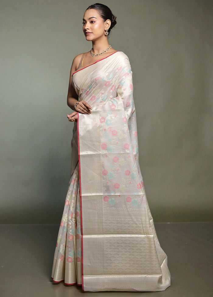 Cream Kora Silk Saree With Blouse Piece