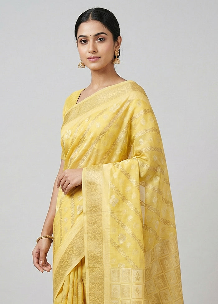 Yellow Kora Silk Saree With Blouse Piece