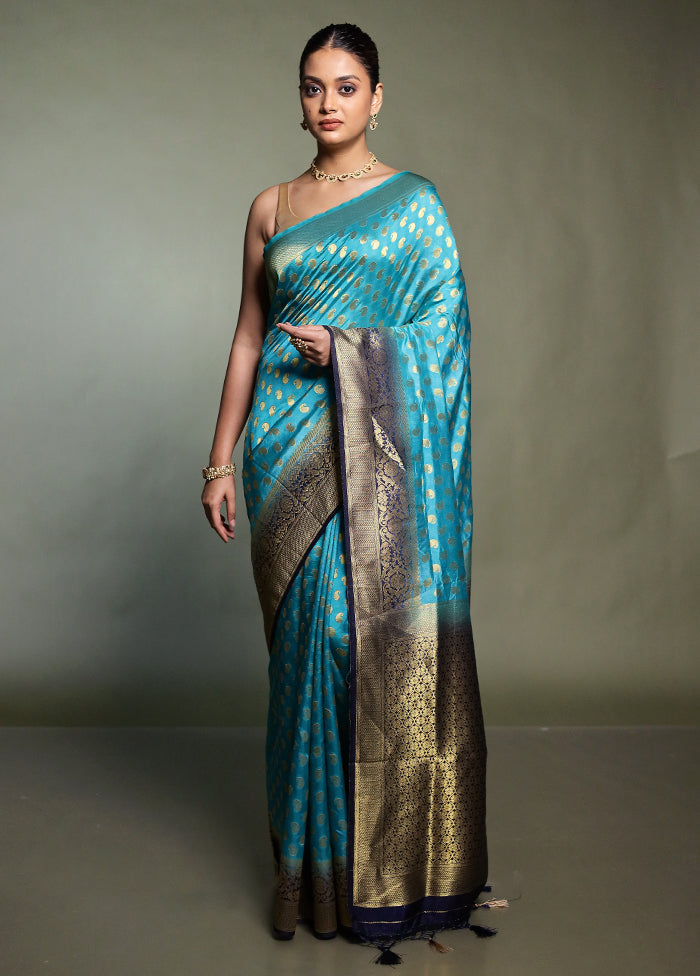 Blue Dupion Silk Saree With Blouse Piece