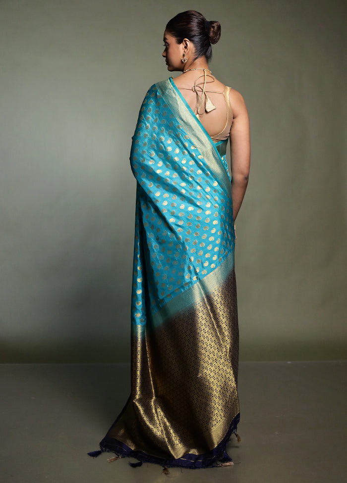 Blue Dupion Silk Saree With Blouse Piece