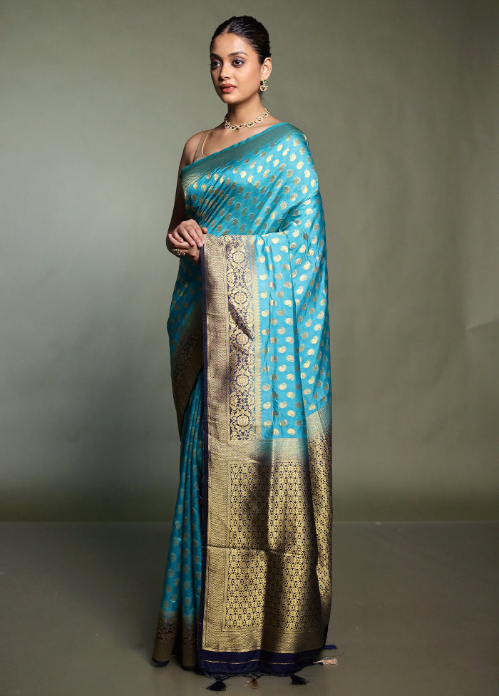 Blue Dupion Silk Saree With Blouse Piece
