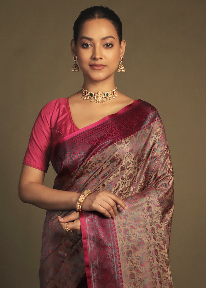 Cream Handloom Jamewar Pure Silk Saree With Blouse Piece