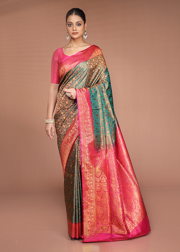 Green Handloom Jamewar Pure Silk Saree With Blouse Piece