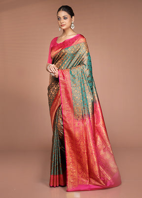 Green Handloom Jamewar Pure Silk Saree With Blouse Piece