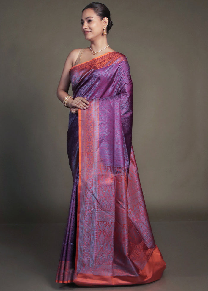 Purple Handloom Jamewar Pure Silk Saree With Blouse Piece