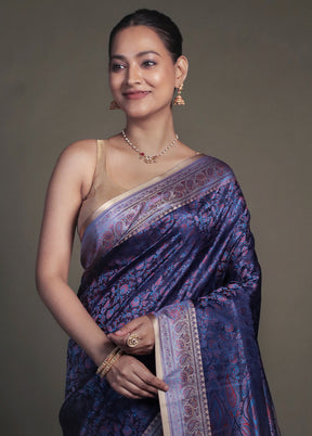 Blue Handloom Jamewar Pure Silk Saree With Blouse Piece