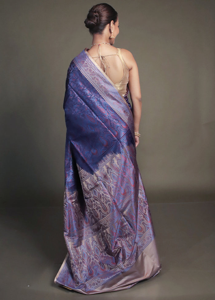 Blue Handloom Jamewar Pure Silk Saree With Blouse Piece