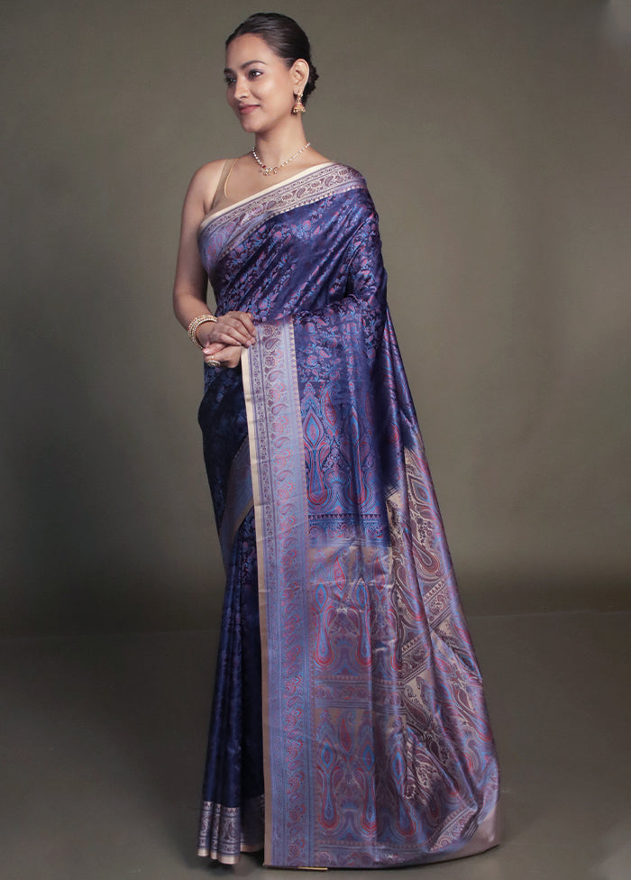 Blue Handloom Jamewar Pure Silk Saree With Blouse Piece