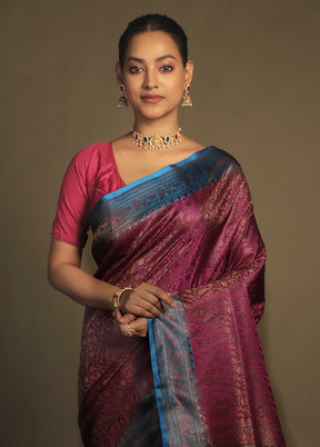 Pink Handloom Jamewar Pure Silk Saree With Blouse Piece