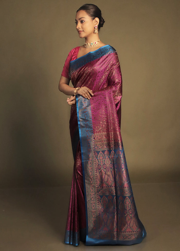 Pink Handloom Jamewar Pure Silk Saree With Blouse Piece